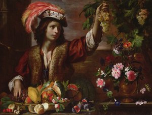 Joven con Sombrero de Plumas con Naturaleza Muerta de Michelangelo Cerquozzi